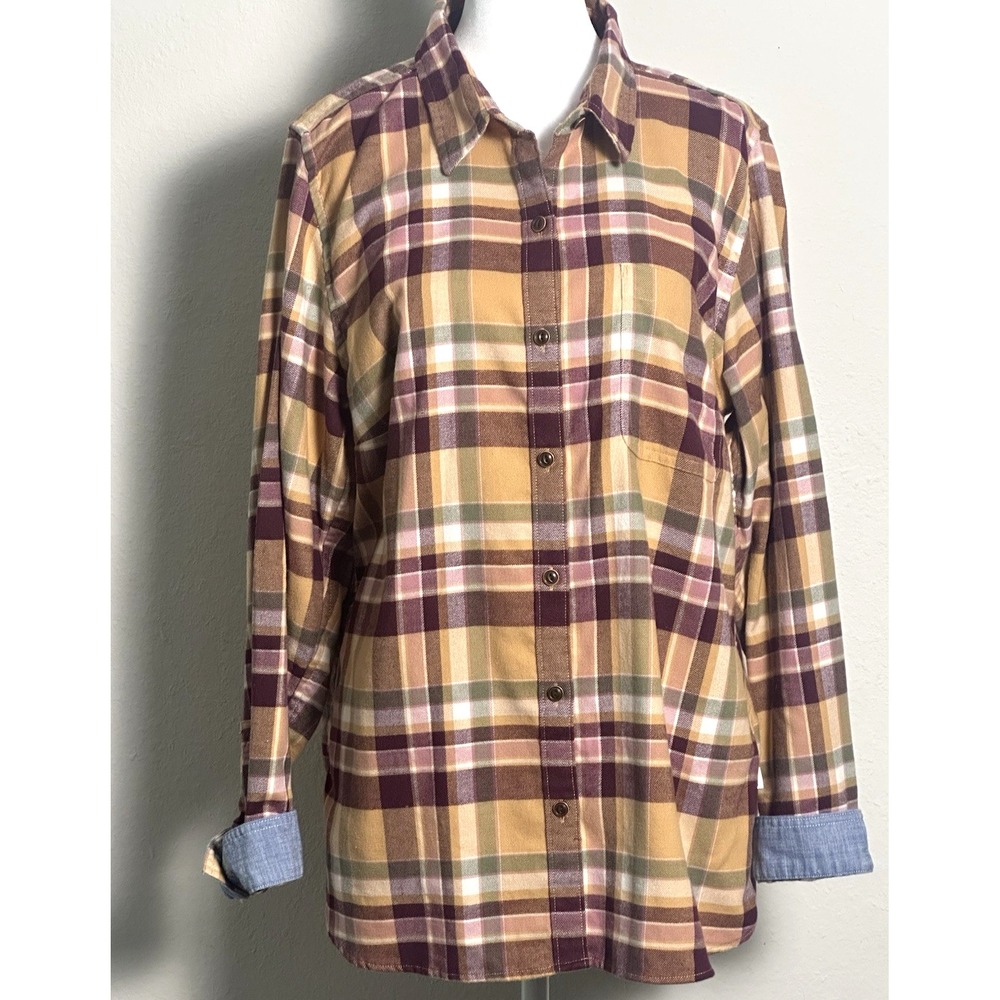 LL Bean Women's Flannel Shirt Blouse Size L Beige, Burgundy and Tan Deinm Cuff